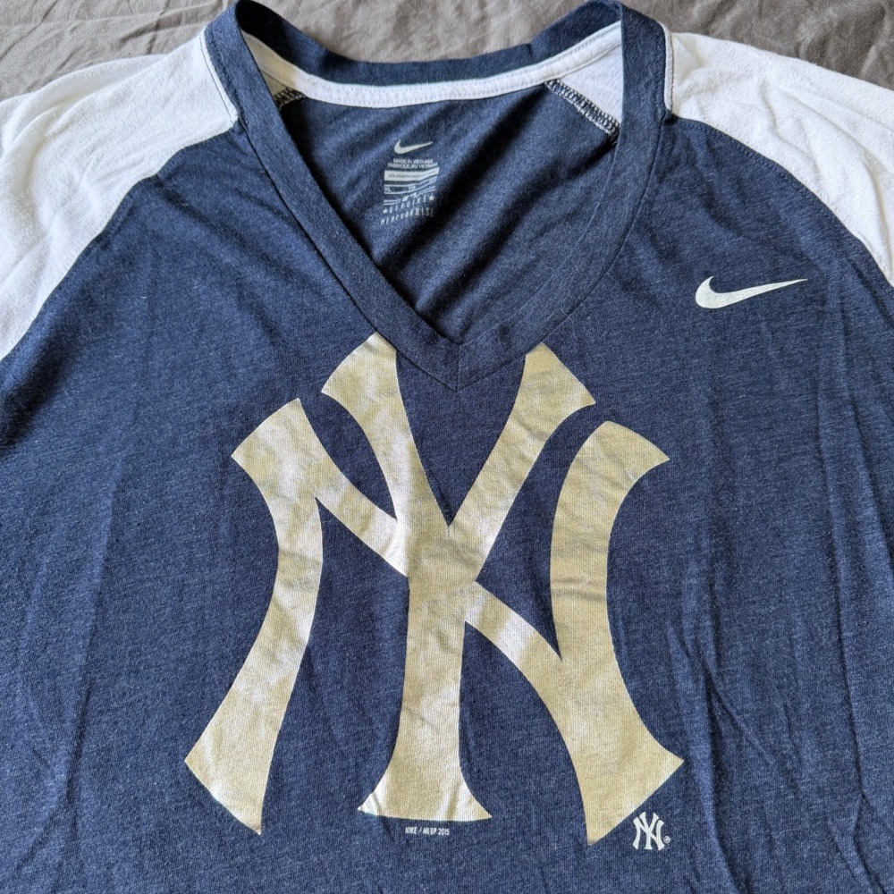 Nike‎ Womens New York Yankees MLB V-Neck Raglan T-Shirt Navy Blue White XL